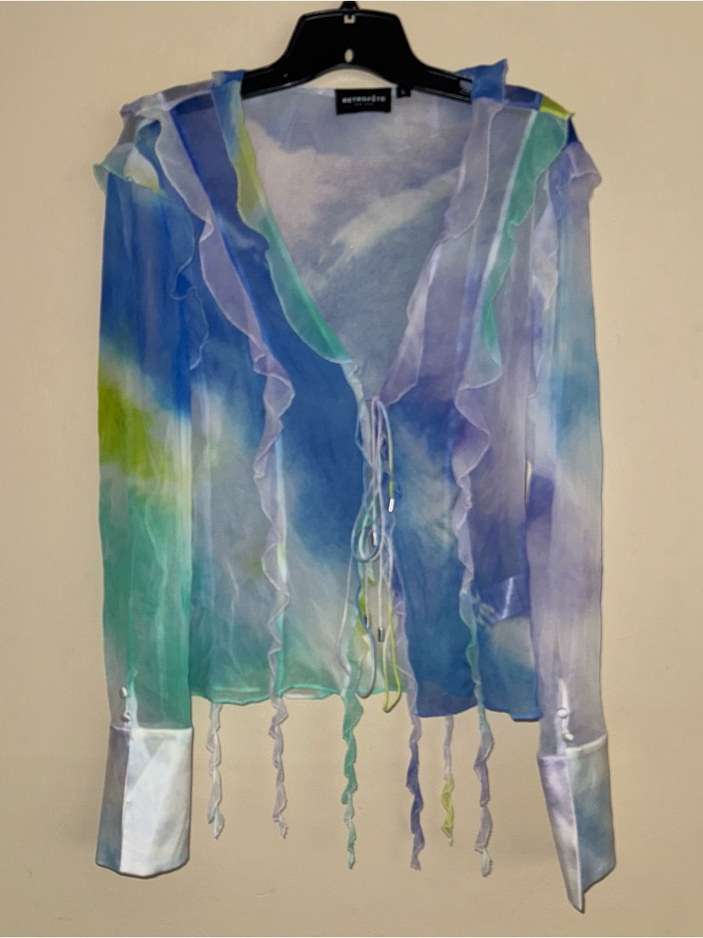 RETROFÊTE AVIVA SILK CHIFFON BLOUSE Watercolor Wave Tie Front Sheer Size L - Picture 3 of 14
